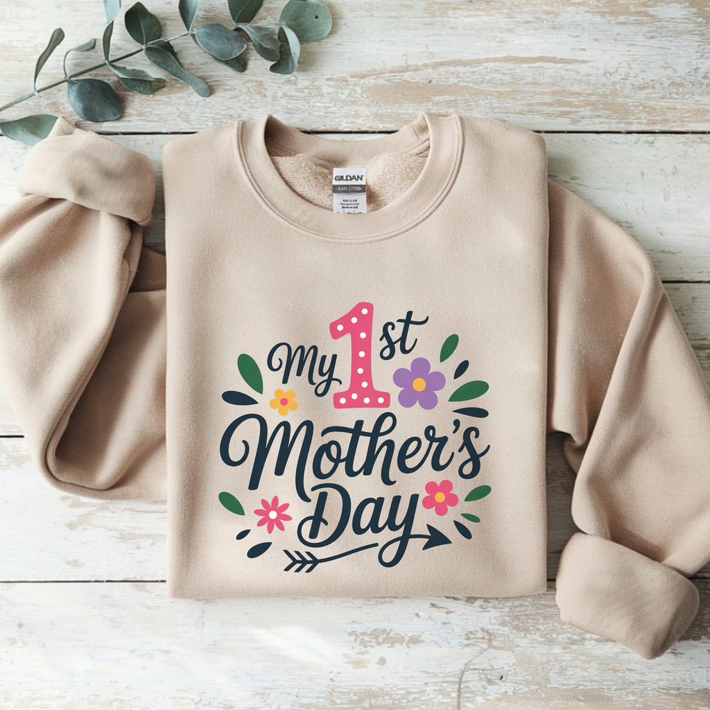 Floral mama sweatshirt flat lay, first Mother’s Day crewneck gift for new mom aesthetic design