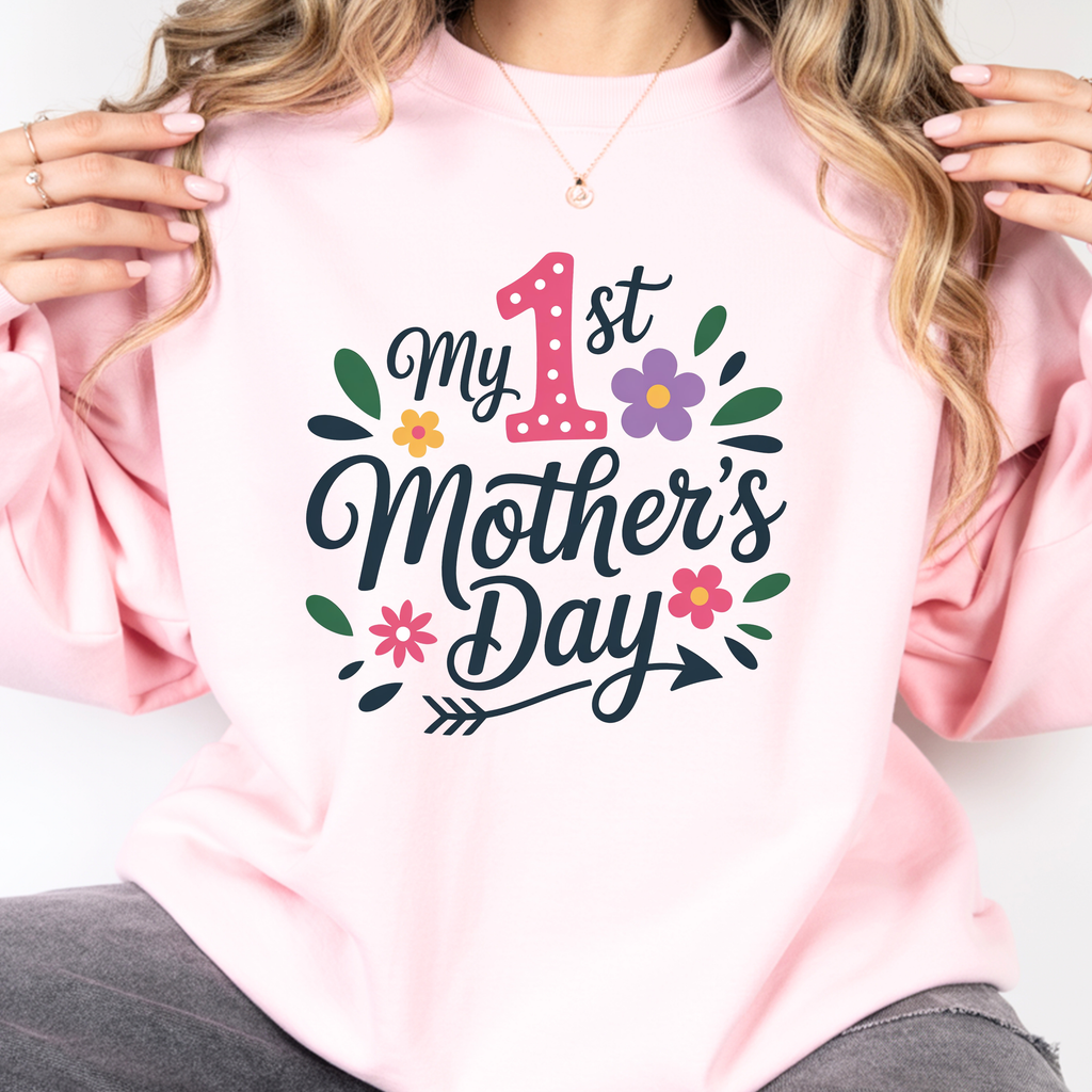 Pink first Mother’s Day sweatshirt for new mom, cute mama crewneck gift cozy aesthetic