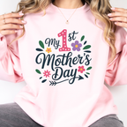 Pink first Mother’s Day sweatshirt for new mom, cute mama crewneck gift cozy aesthetic