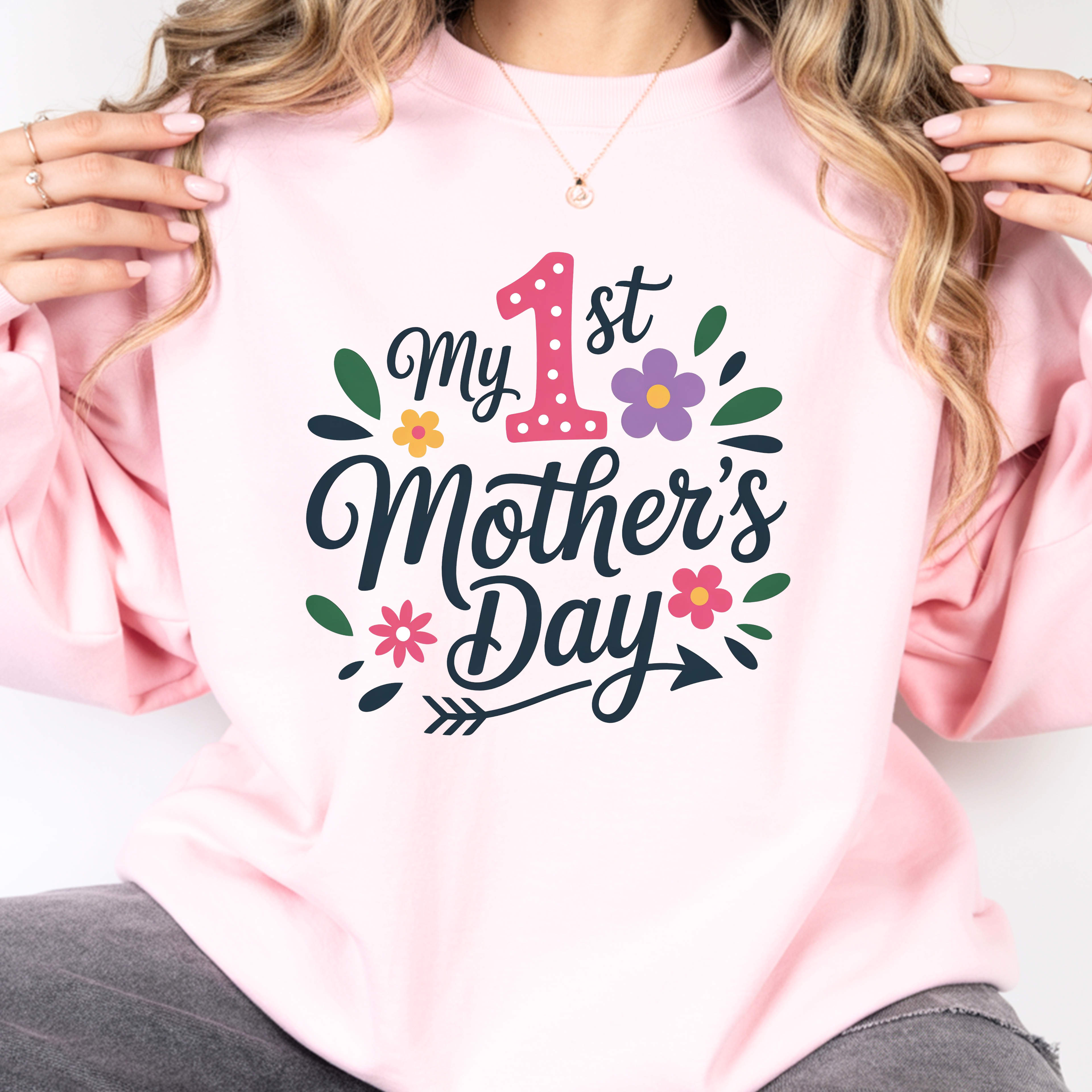 Pink first Mother’s Day sweatshirt for new mom, cute mama crewneck gift cozy aesthetic