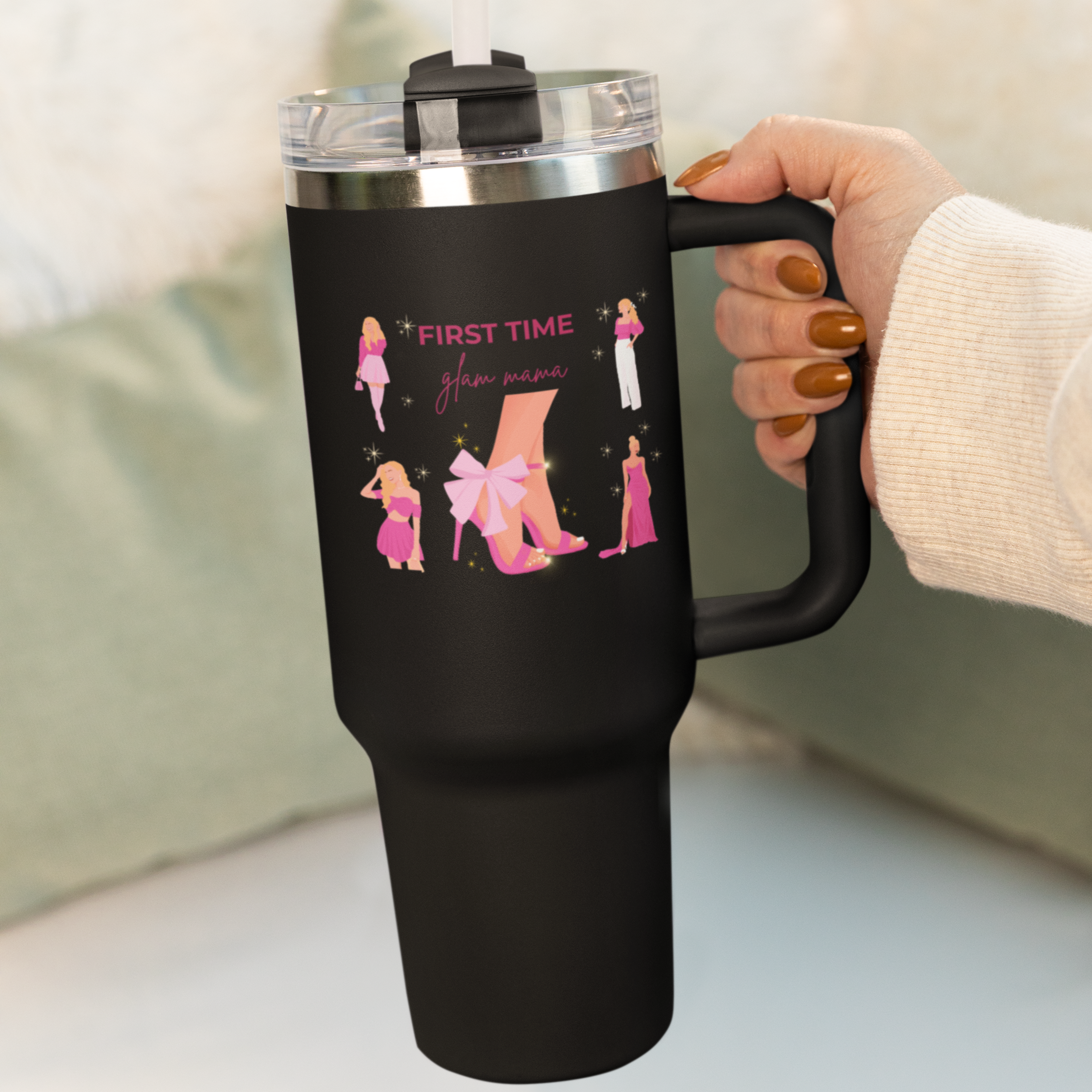 First time glam mama 40oz tumbler held in hand, stylish new mom gift with handle and straw