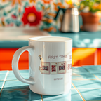 First time mama coffee mug on colorful background, perfect baby shower gift for new mom