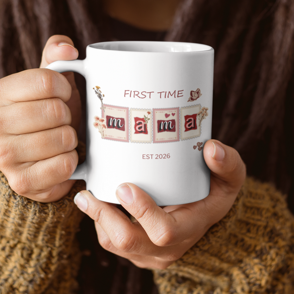 First time mama mug held in hands, new mom gift est 2026, baby shower gift for expecting mom