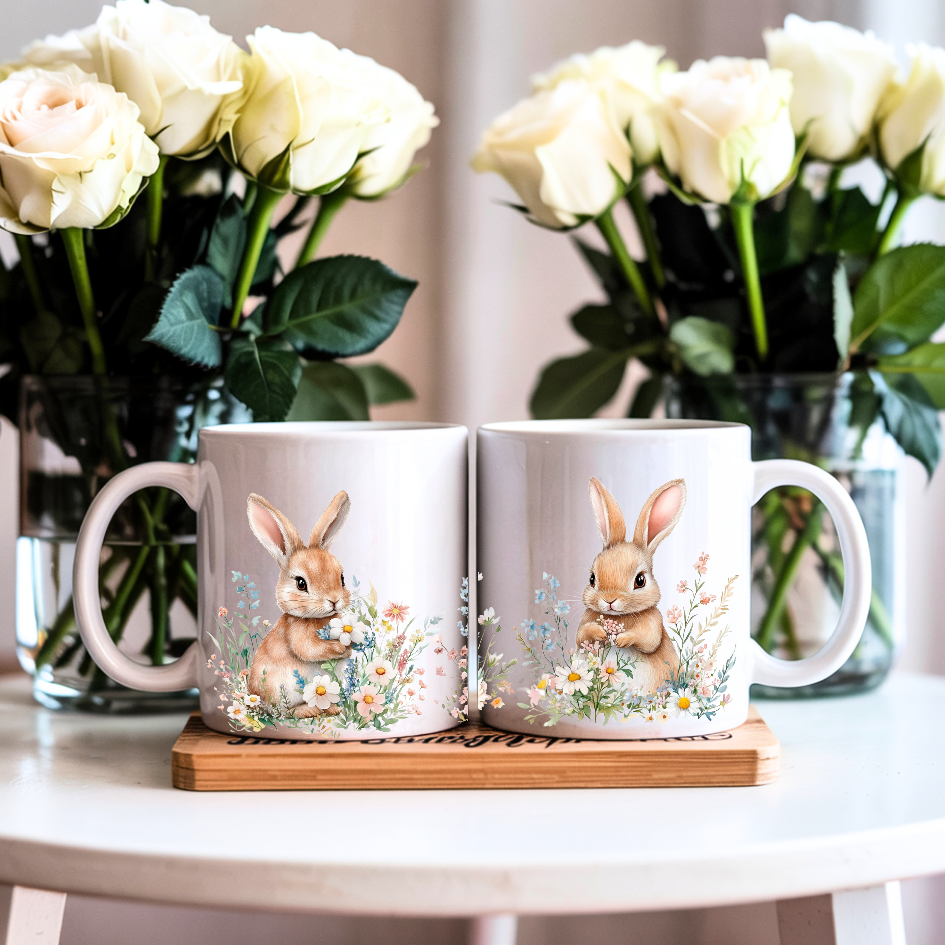 Floral bunny mug with flowers, spring decor coffee mug, cute bunny mug gift, aesthetic drinkware for home
