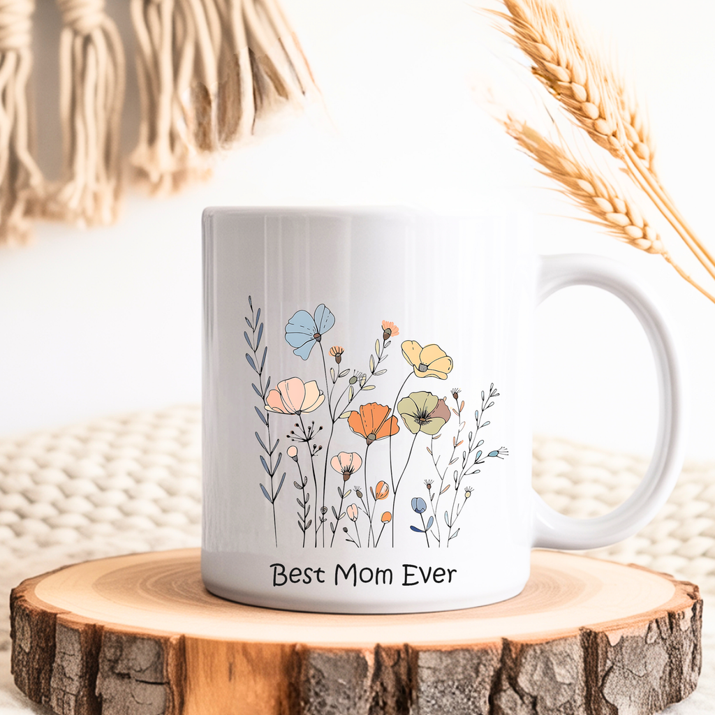 Floral Best Mom Ever mug on wooden table aesthetic coffee cup