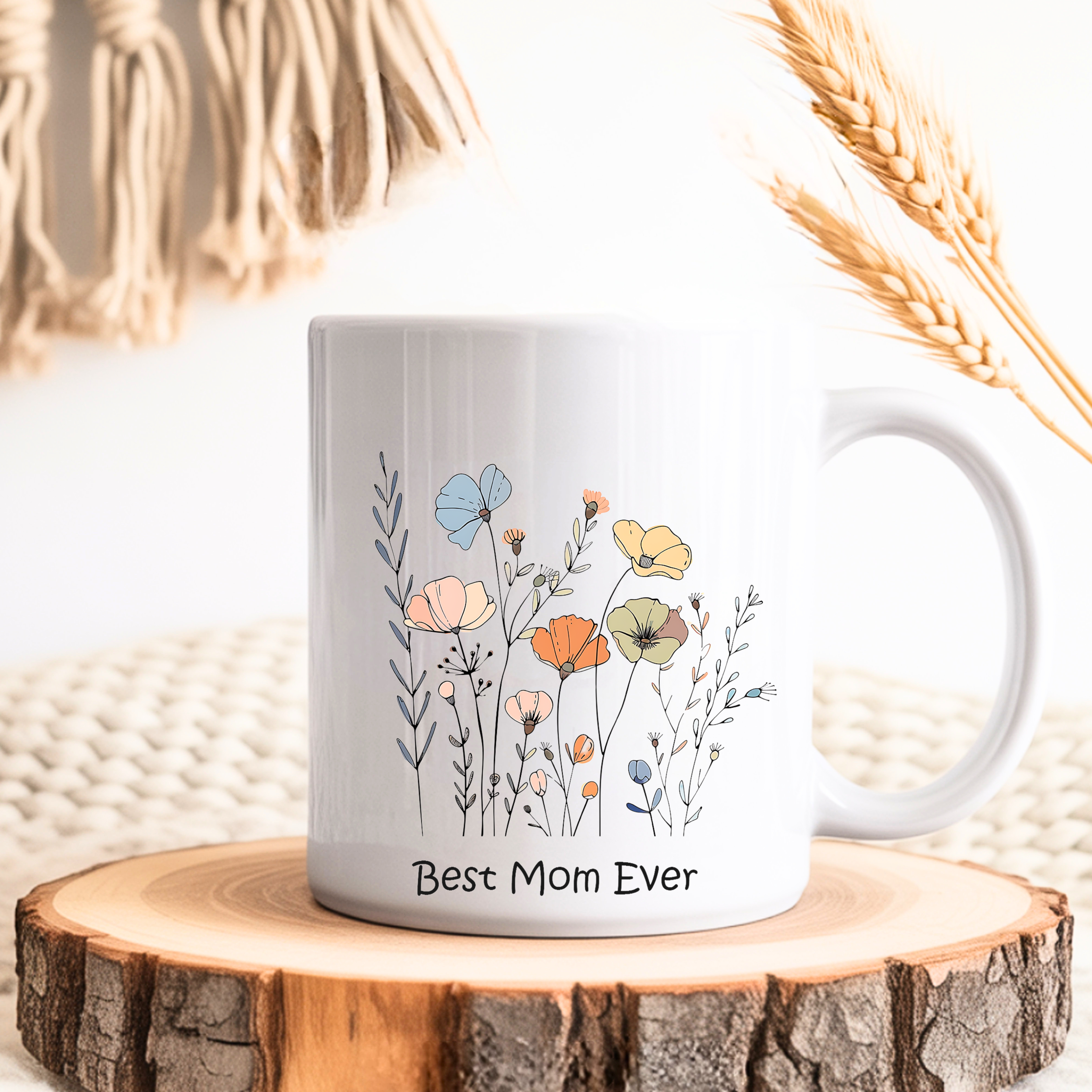 Floral Best Mom Ever mug on wooden table aesthetic coffee cup