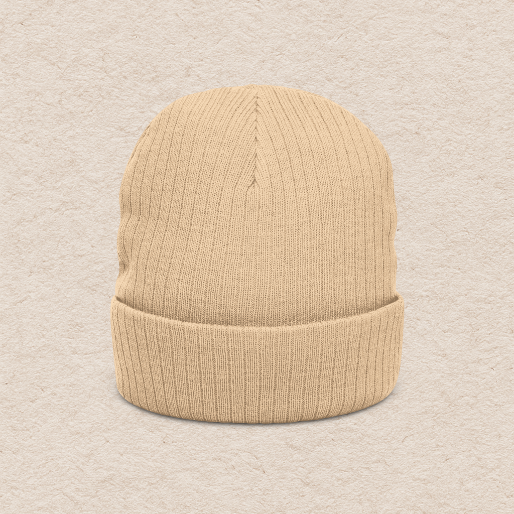 Back view of beige knit embroidered beanie with fold-over cuff design for winter wear