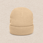 Back view of beige knit embroidered beanie with fold-over cuff design for winter wear
