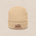 Front view of beige embroidered “Future Bookish Mama” beanie with book design, cozy winter hat for moms