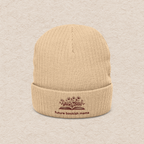 Front view of beige embroidered “Future Bookish Mama” beanie with book design, cozy winter hat for moms