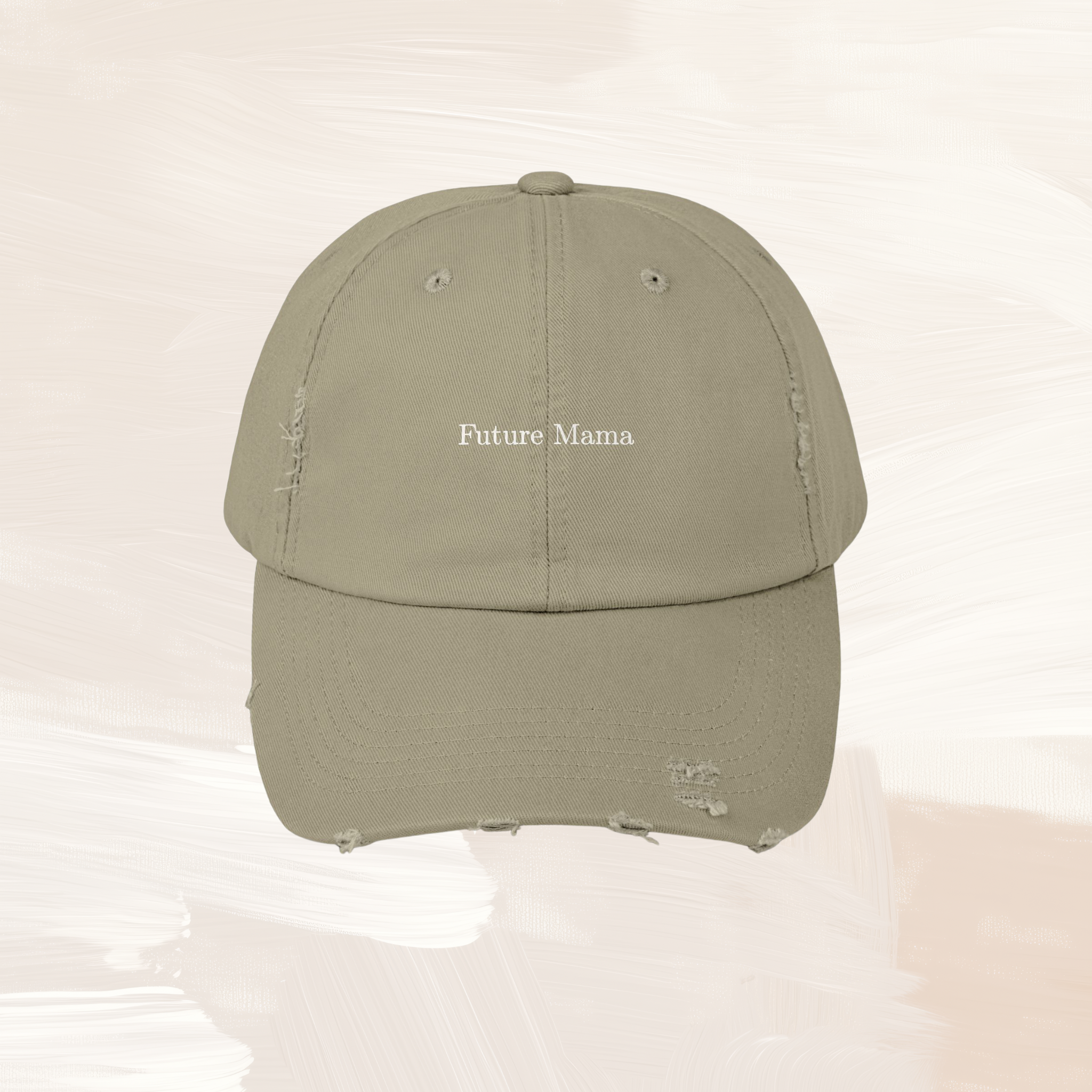 Light olive distressed baseball cap with “Future Mama” text, casual maternity hat for everyday wear