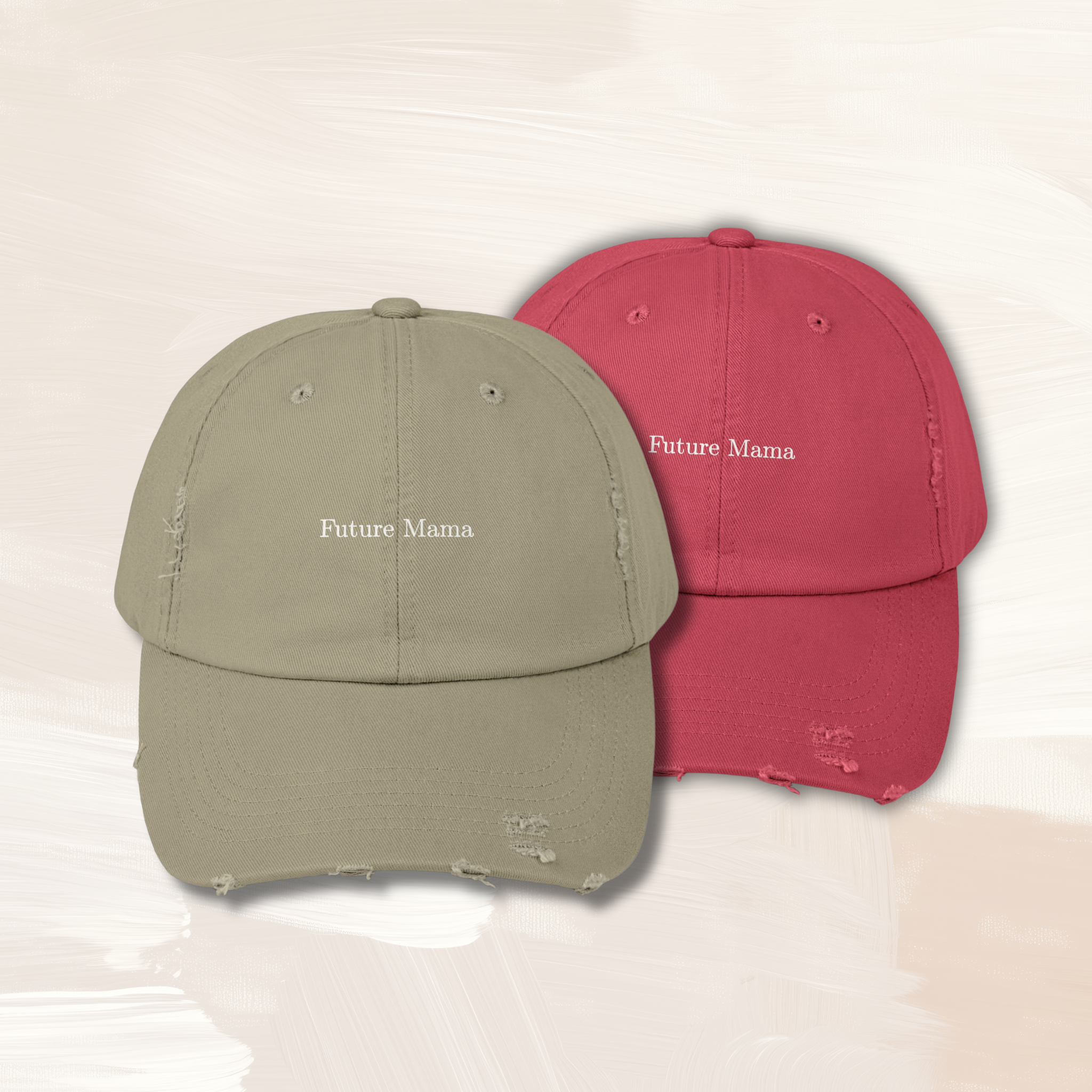 Future Mama distressed baseball cap available in light olive and dashing red colors