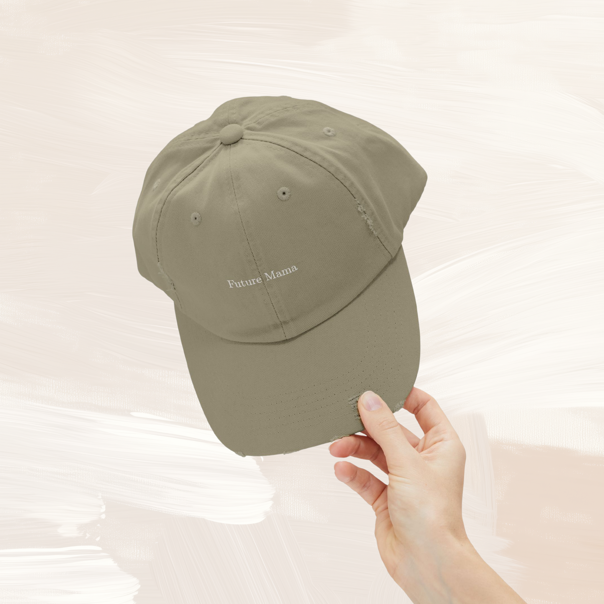 Side view of olive distressed baseball cap with adjustable strap for comfortable fit