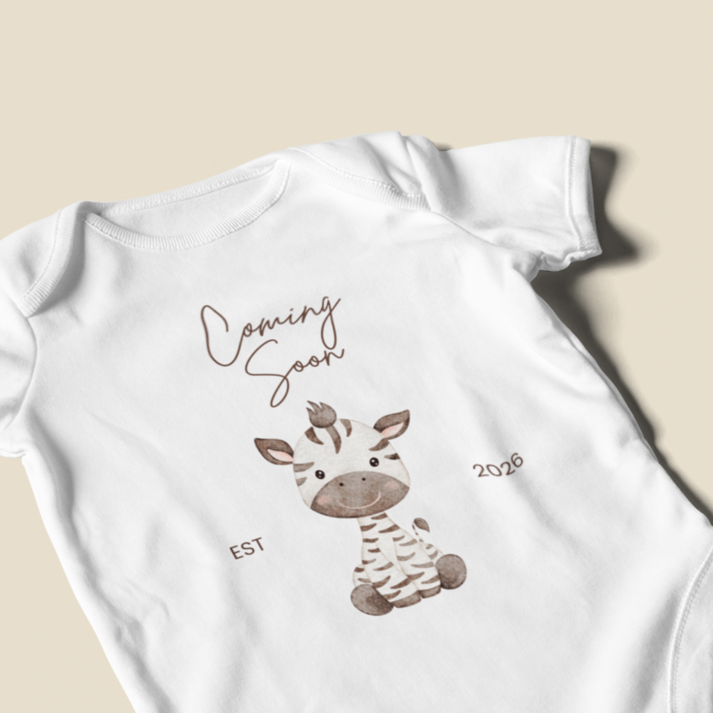 close up of giraffe coming soon baby bodysuit design for newborn outfit