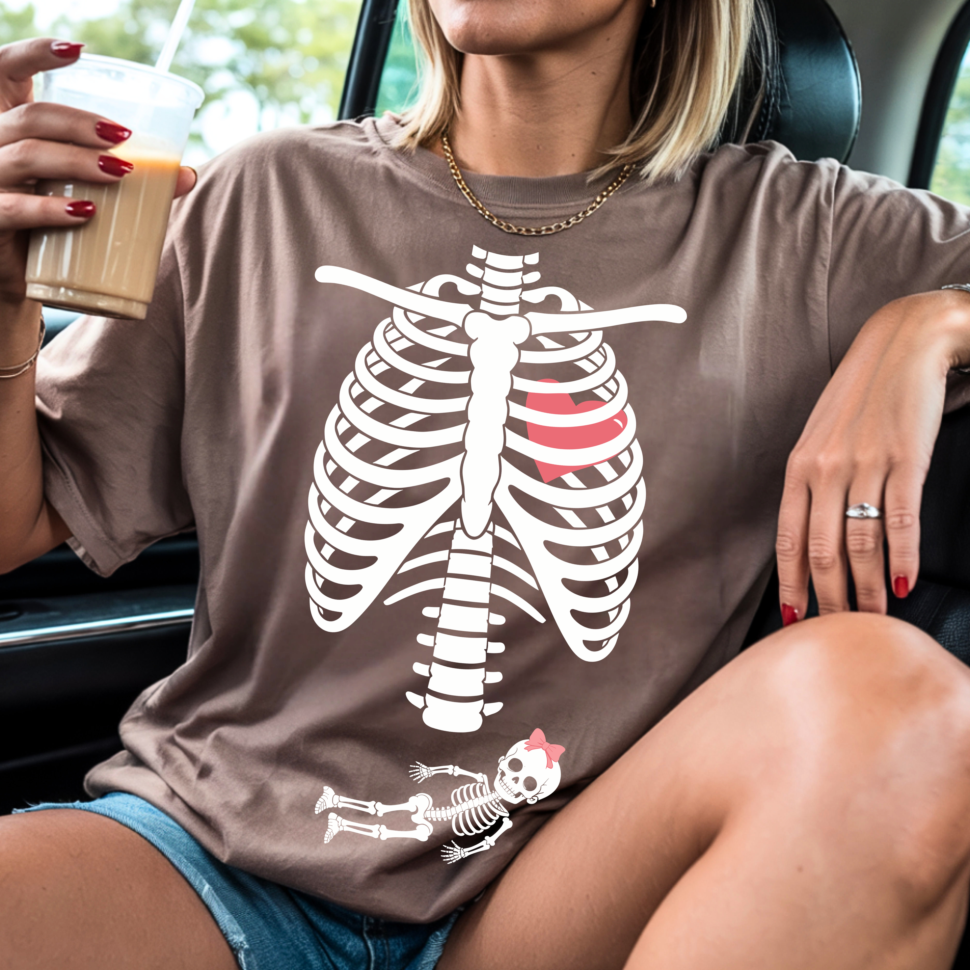 Skeleton pregnancy reveal graphic tee in Espresso color