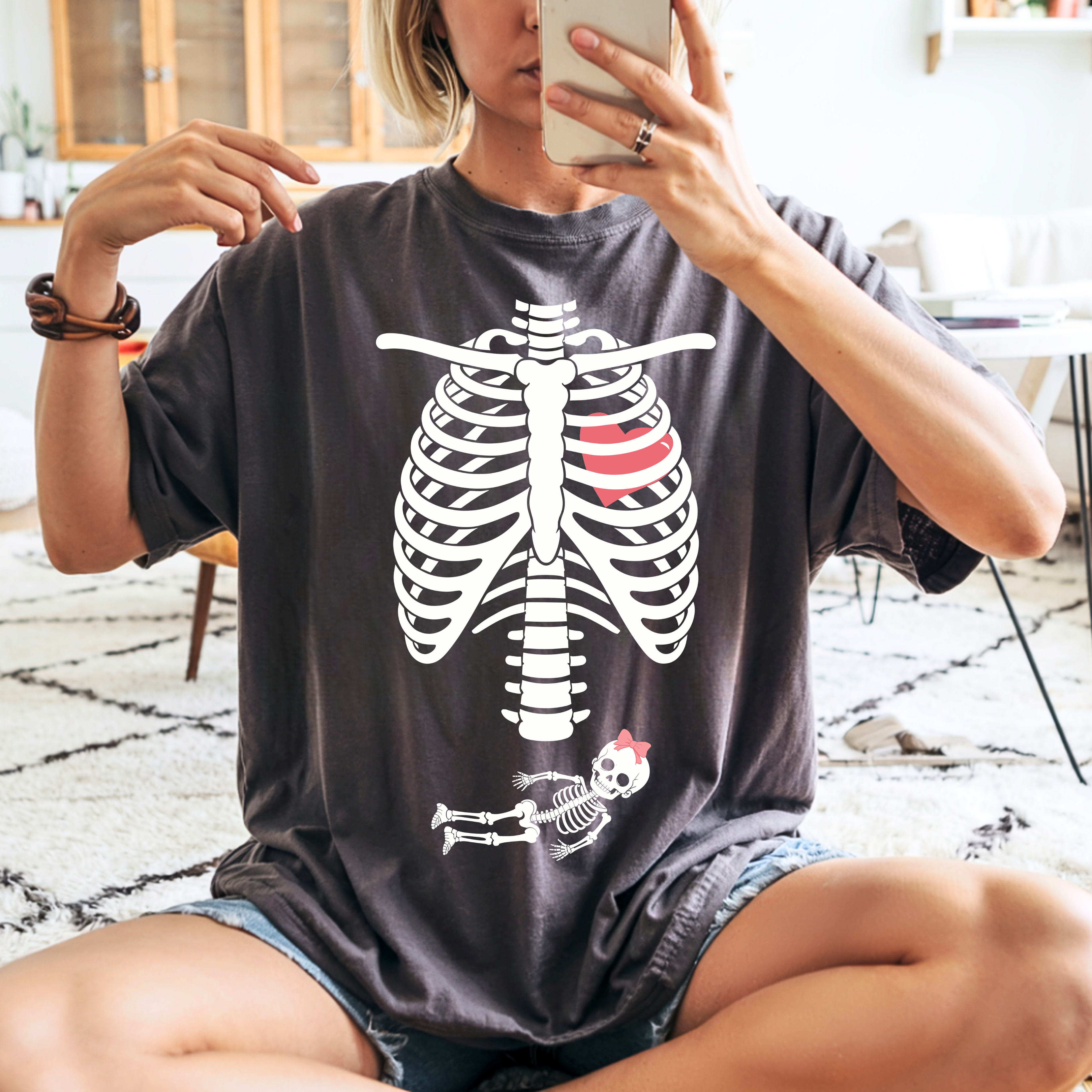 Halloween maternity shirt with skeleton baby bump design in Pepper color