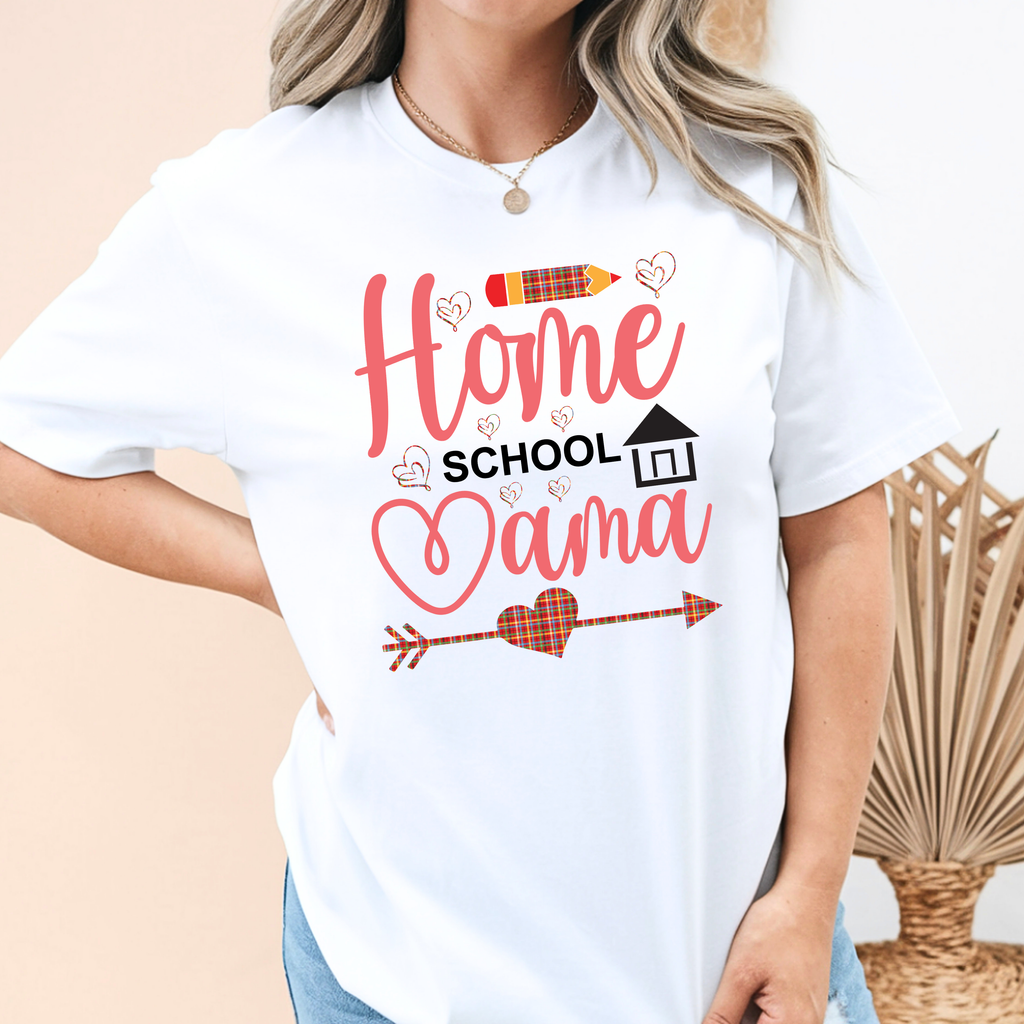 Woman wearing Home School Mama t shirt featuring pencil, heart, arrow and schoolhouse graphic design for homeschool moms.