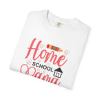 Home School Mama graphic t shirt displaying homeschool themed pencil, heart and schoolhouse artwork.