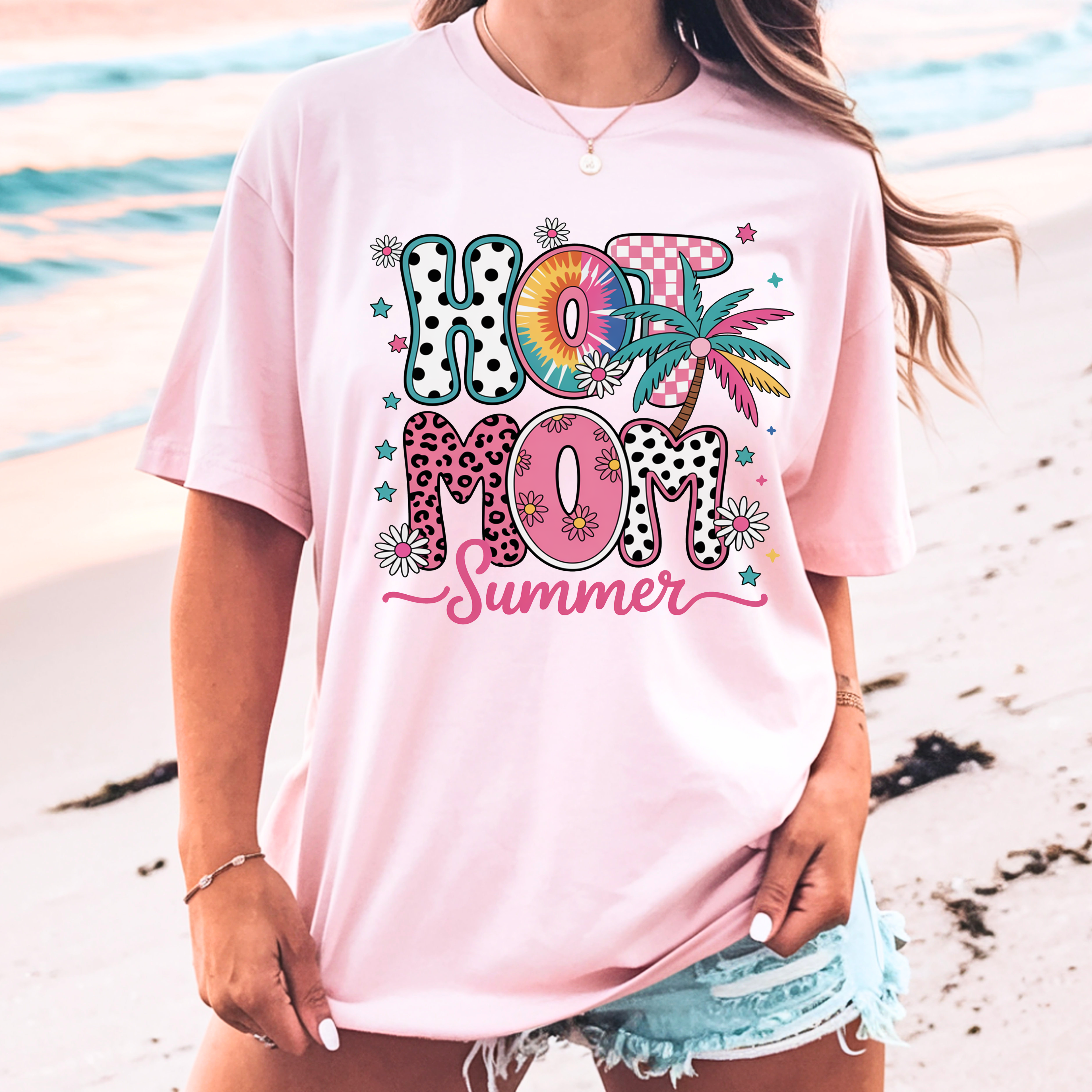 Hot Mom Summer graphic tee in Blossom pink color