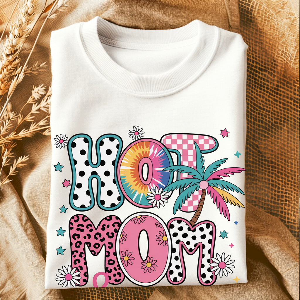 Folded Hot Mom Summer graphic t-shirt flat lay product photo