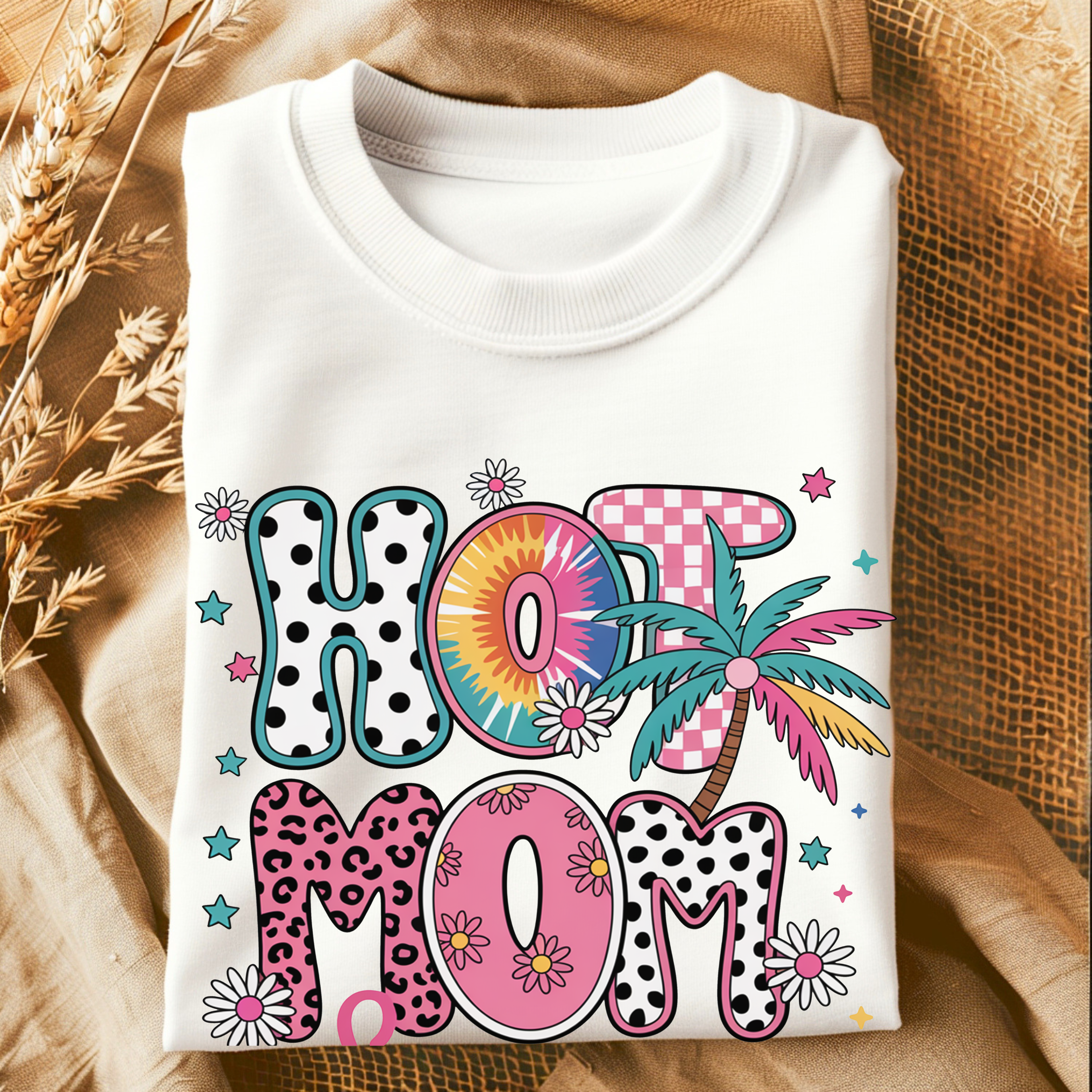 Folded Hot Mom Summer graphic t-shirt flat lay product photo