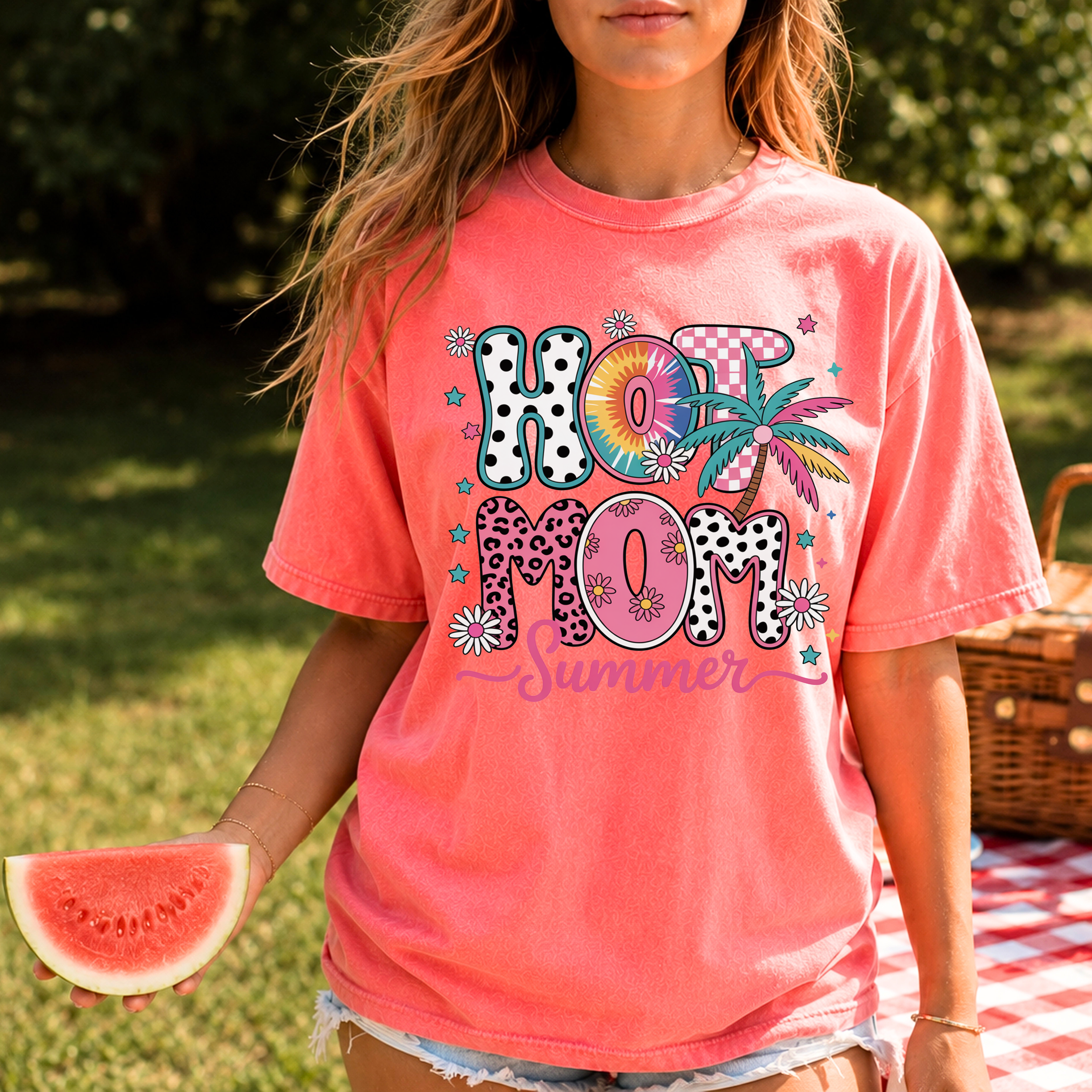 Hot Mom Summer graphic t-shirt in Watermelon pink