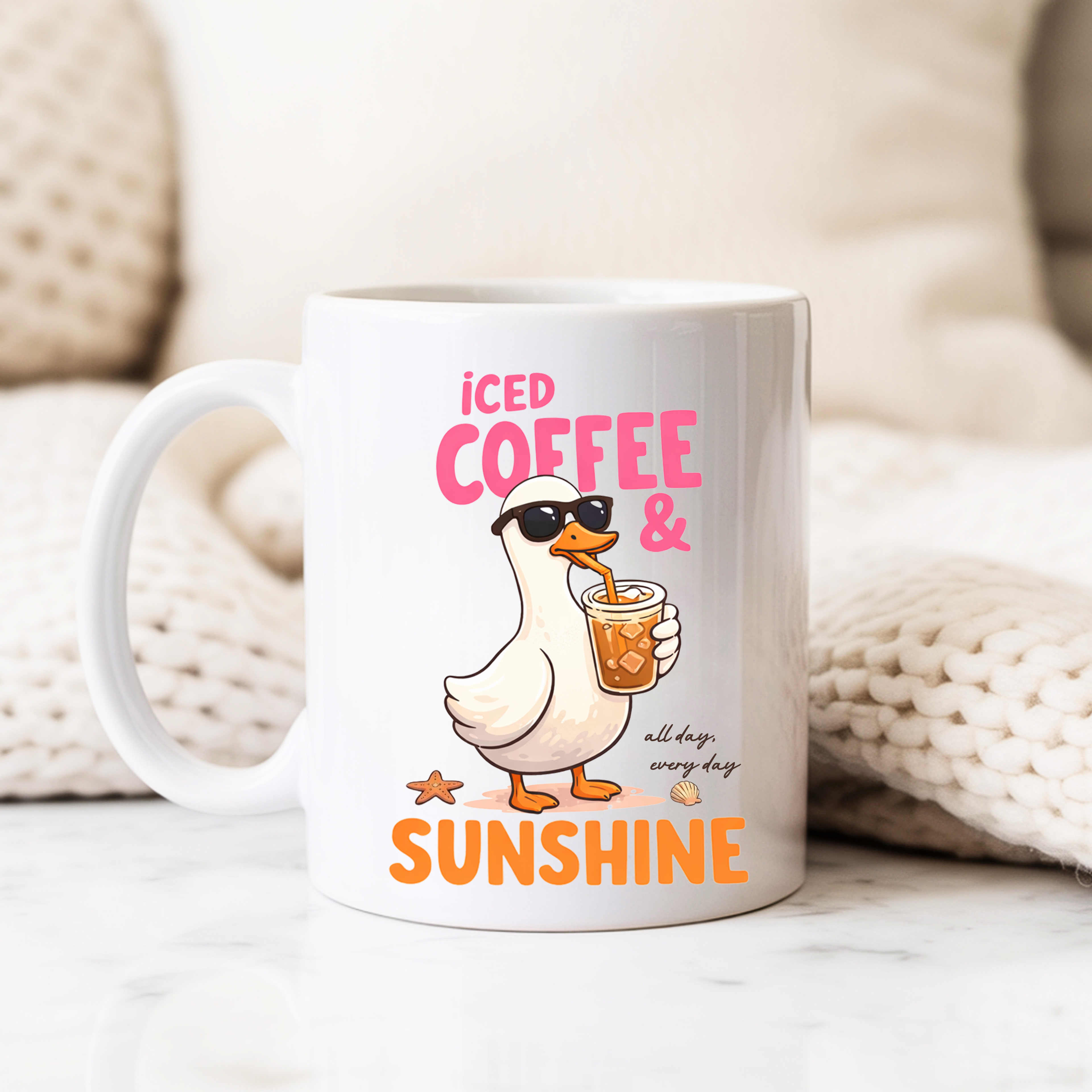Cute duck coffee mug styled in cozy home setting for coffee lovers