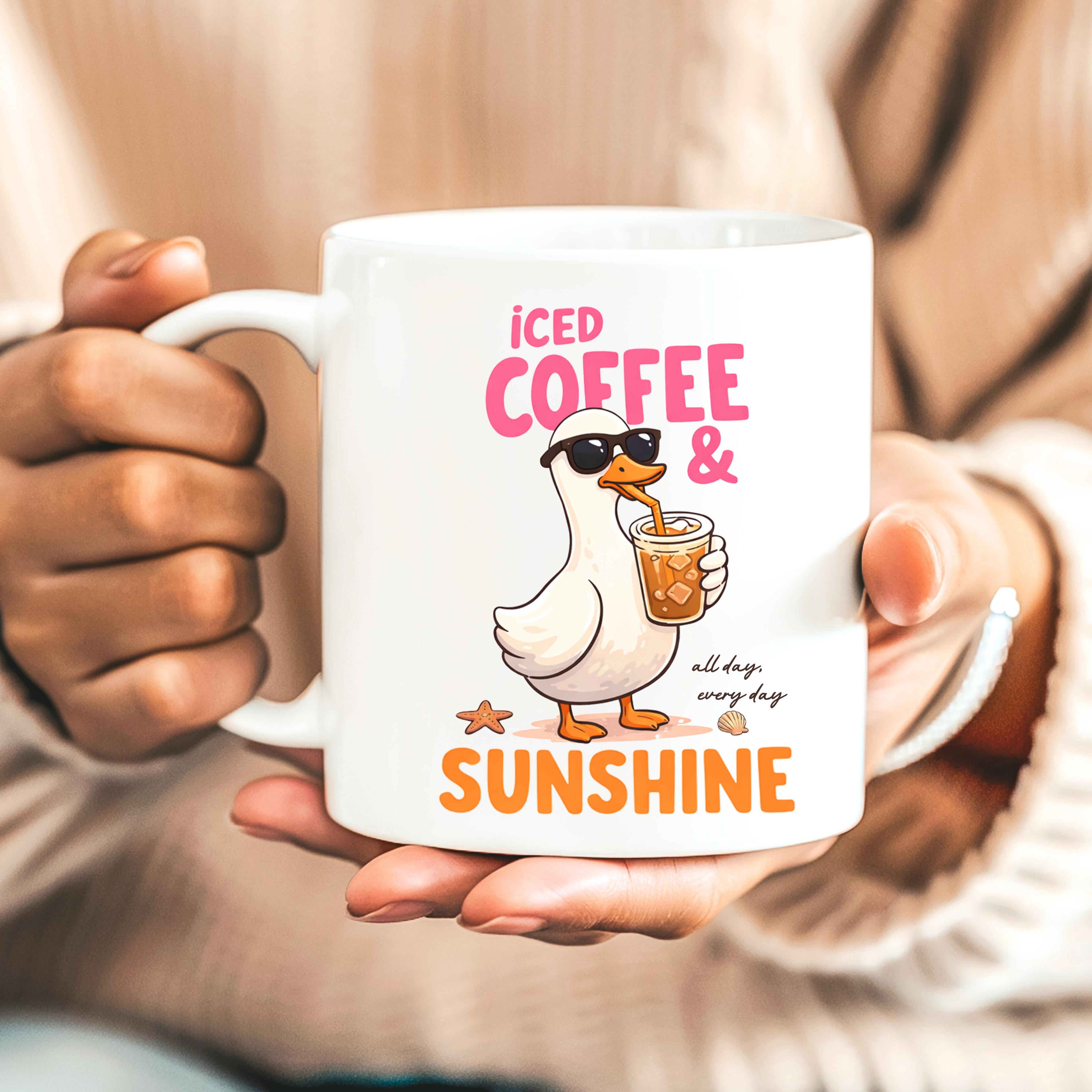 Iced Coffee and Sunshine ceramic mug featuring cute duck drinking iced coffee lifestyle mockup