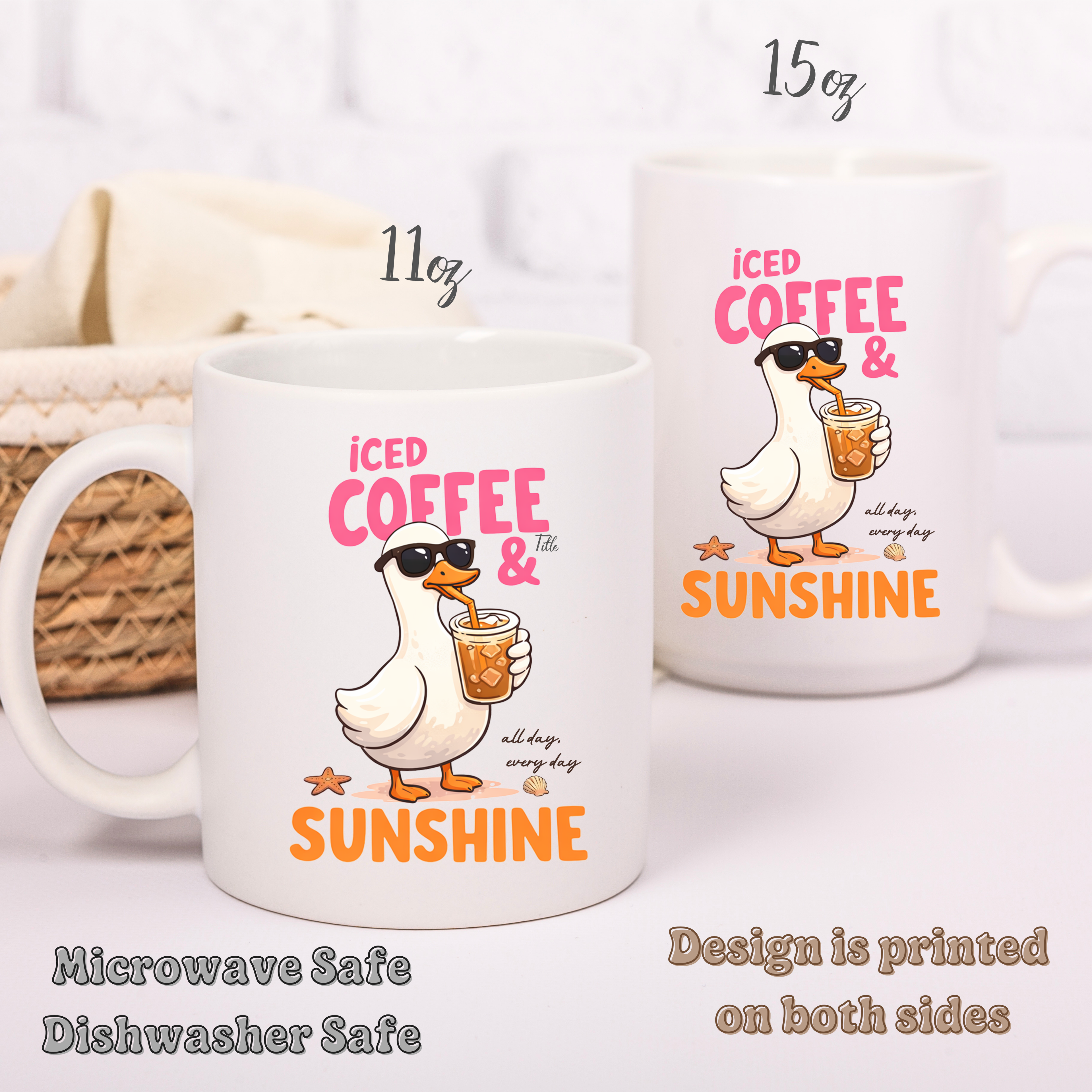 Iced coffee mug size chart showing 11 ounce and 15 ounce ceramic mug options