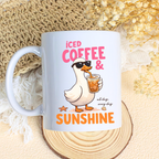Cute coffee lover mug with duck and iced coffee design displayed on neutral table setting