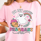 Pregnancy announcement shirt with ghost rainbow pumpkin design in blossom pink