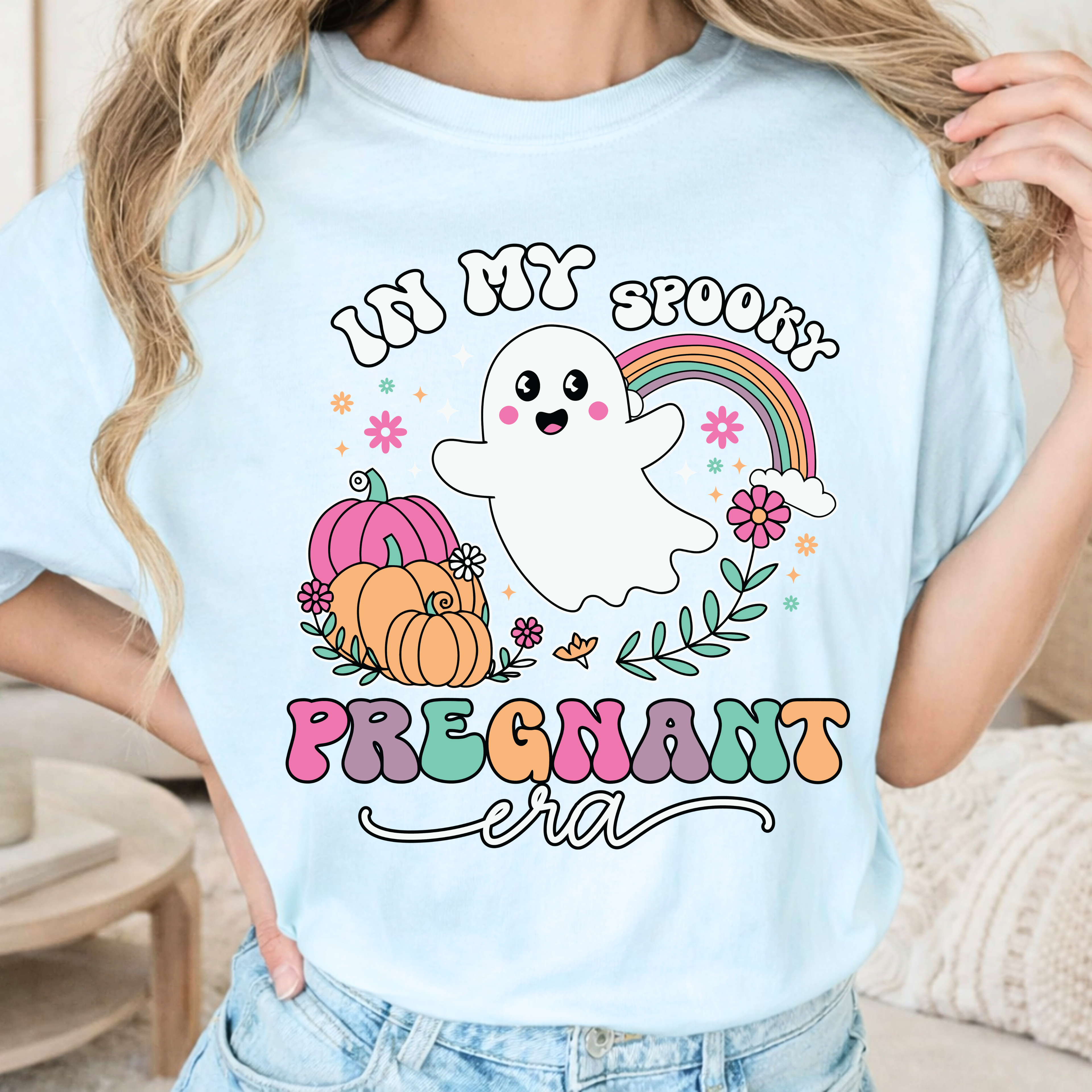 Spooky pregnant era maternity shirt in chambray blue color