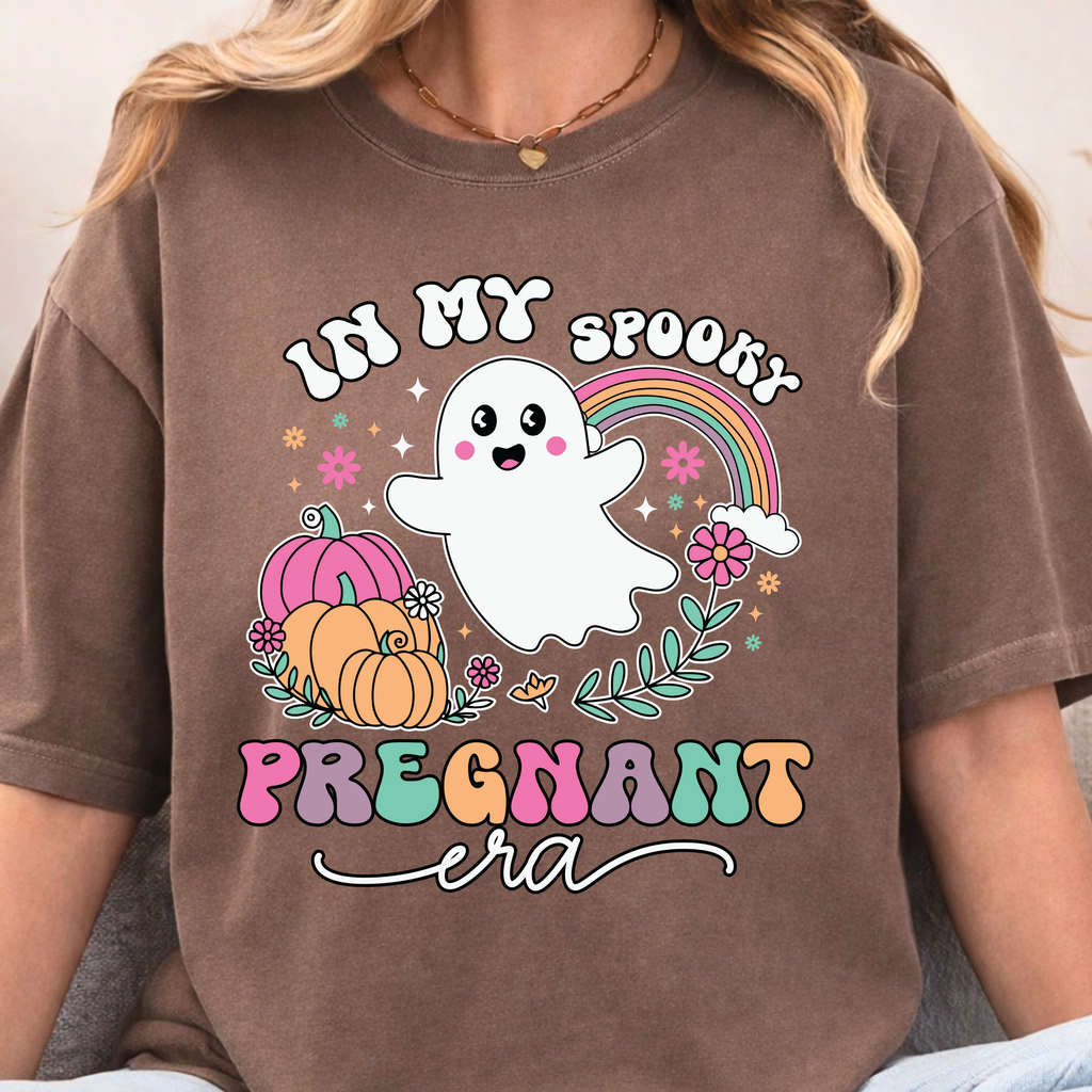 Halloween pregnancy announcement shirt with ghost pumpkin design in espresso color