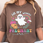 Halloween pregnancy announcement shirt with ghost pumpkin design in espresso color