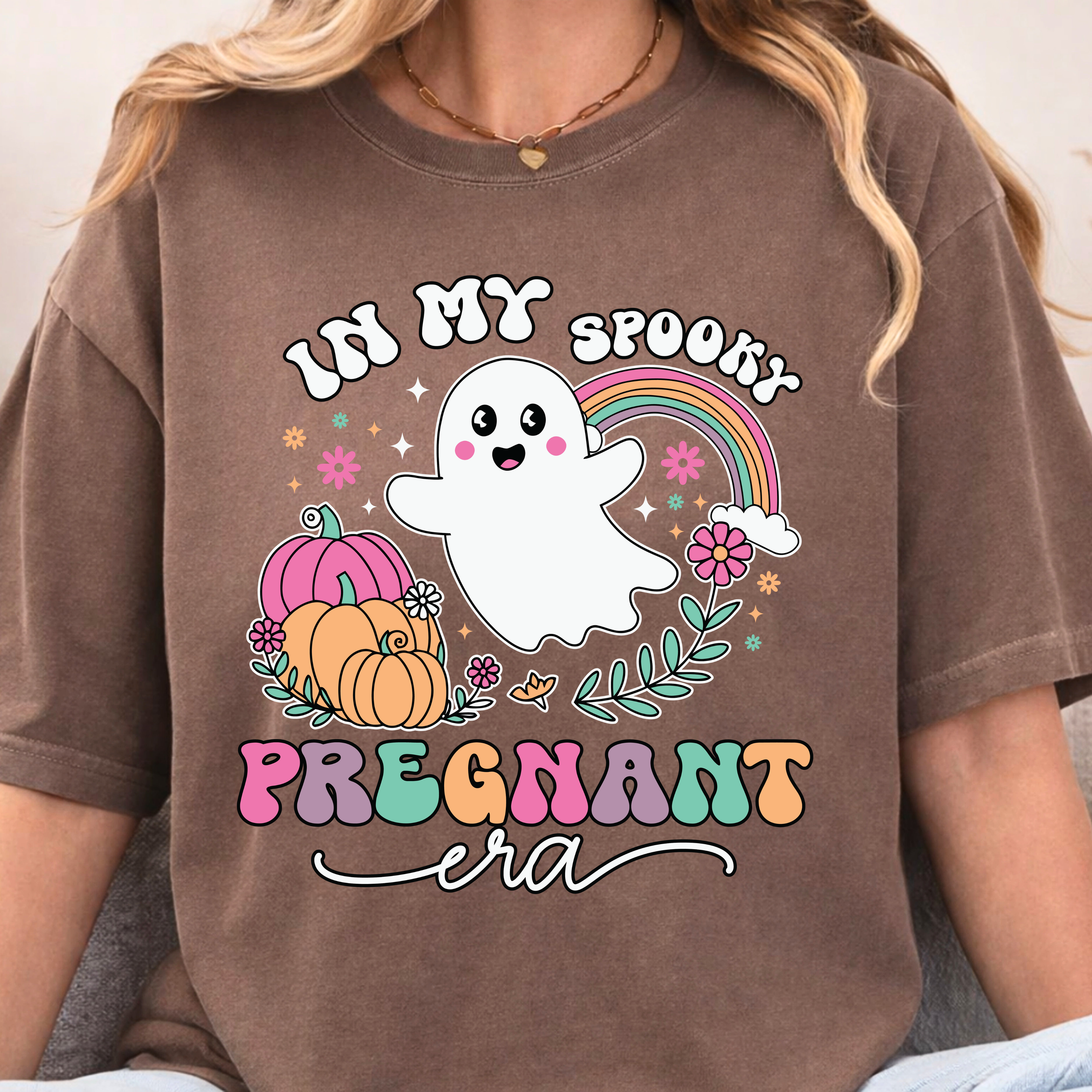 Halloween pregnancy announcement shirt with ghost pumpkin design in espresso color