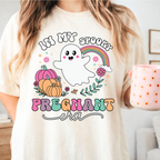 Cute Halloween pregnancy shirt featuring ghost pumpkin rainbow and In My Spooky Pregnant Era design in ivory