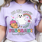 Cute Halloween maternity shirt with ghost and pumpkin graphic in orchid purple