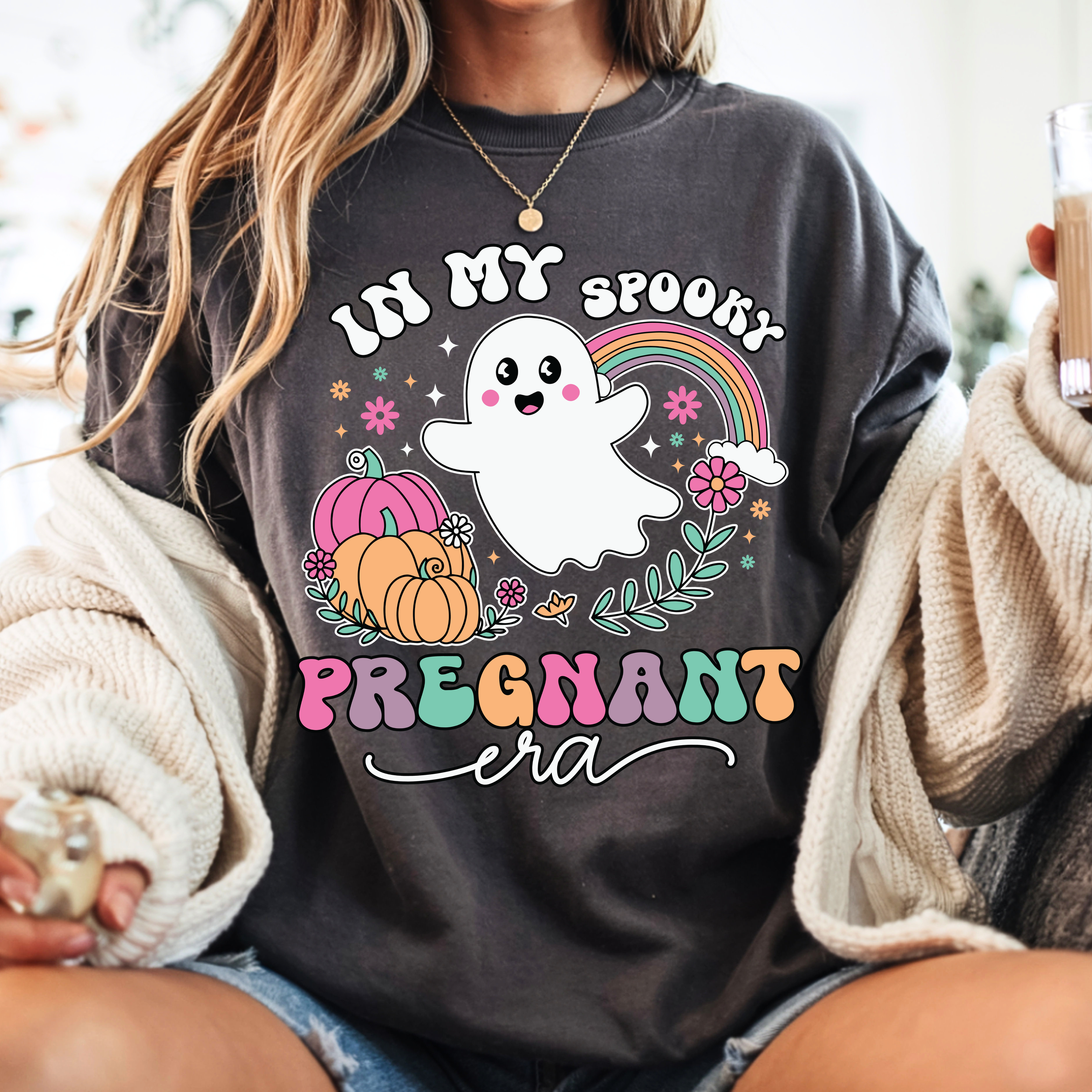 Cute Halloween pregnancy shirt featuring ghost, pumpkins, rainbow and "In My Spooky Pregnant Era" design in pepper gray color
