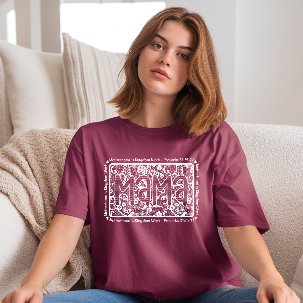 Berry Comfort Colors Christian mama shirt with lace floral graphic and Proverbs 31 faith based motherhood design.