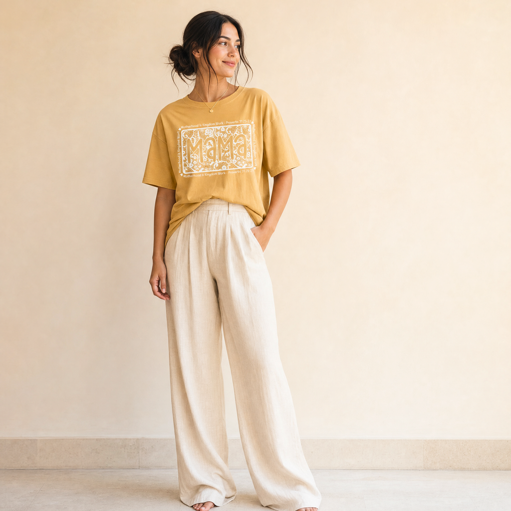 Woman wearing mustard Comfort Colors lace trimmed mama shirt featuring Proverbs 31 scripture and vintage floral Christian mom design.