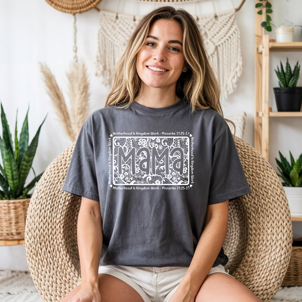 Pepper Comfort Colors faith based mama shirt with vintage lace floral design inspired by Proverbs 31.