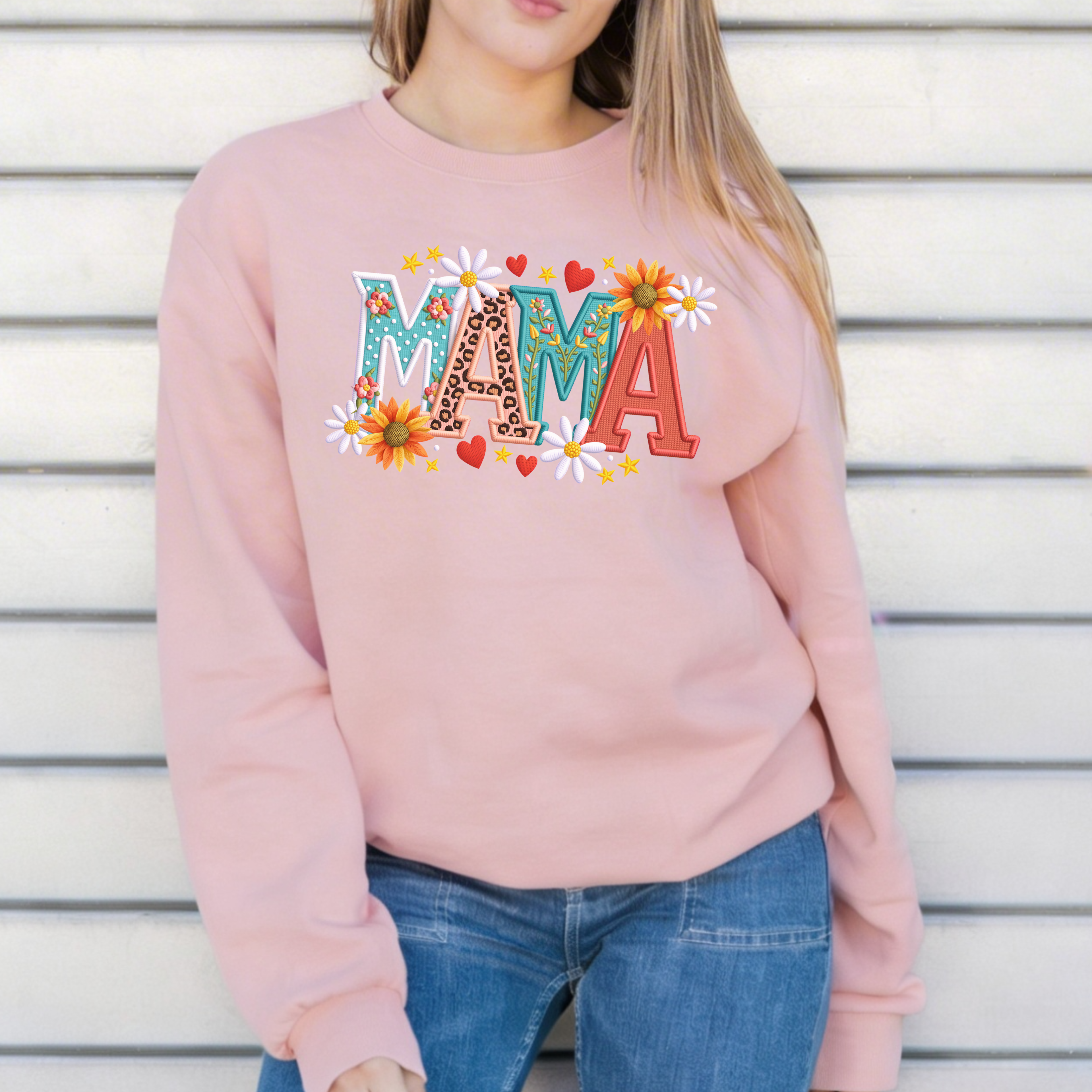 Light pink mama sweatshirt with floral design, cute cozy mom crewneck