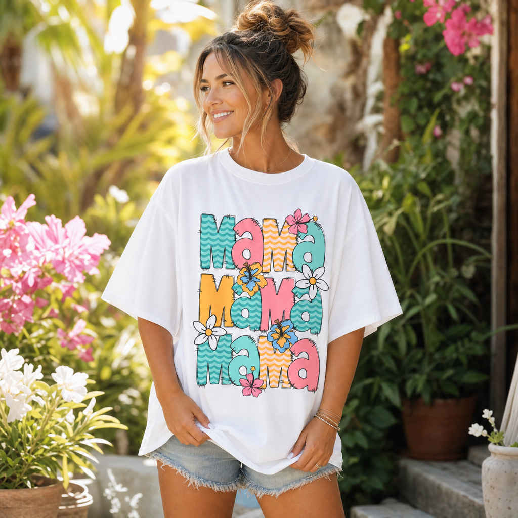 Woman wearing colorful floral mama retro t shirt in a sunny garden, summer mom graphic tee with vintage floral design.