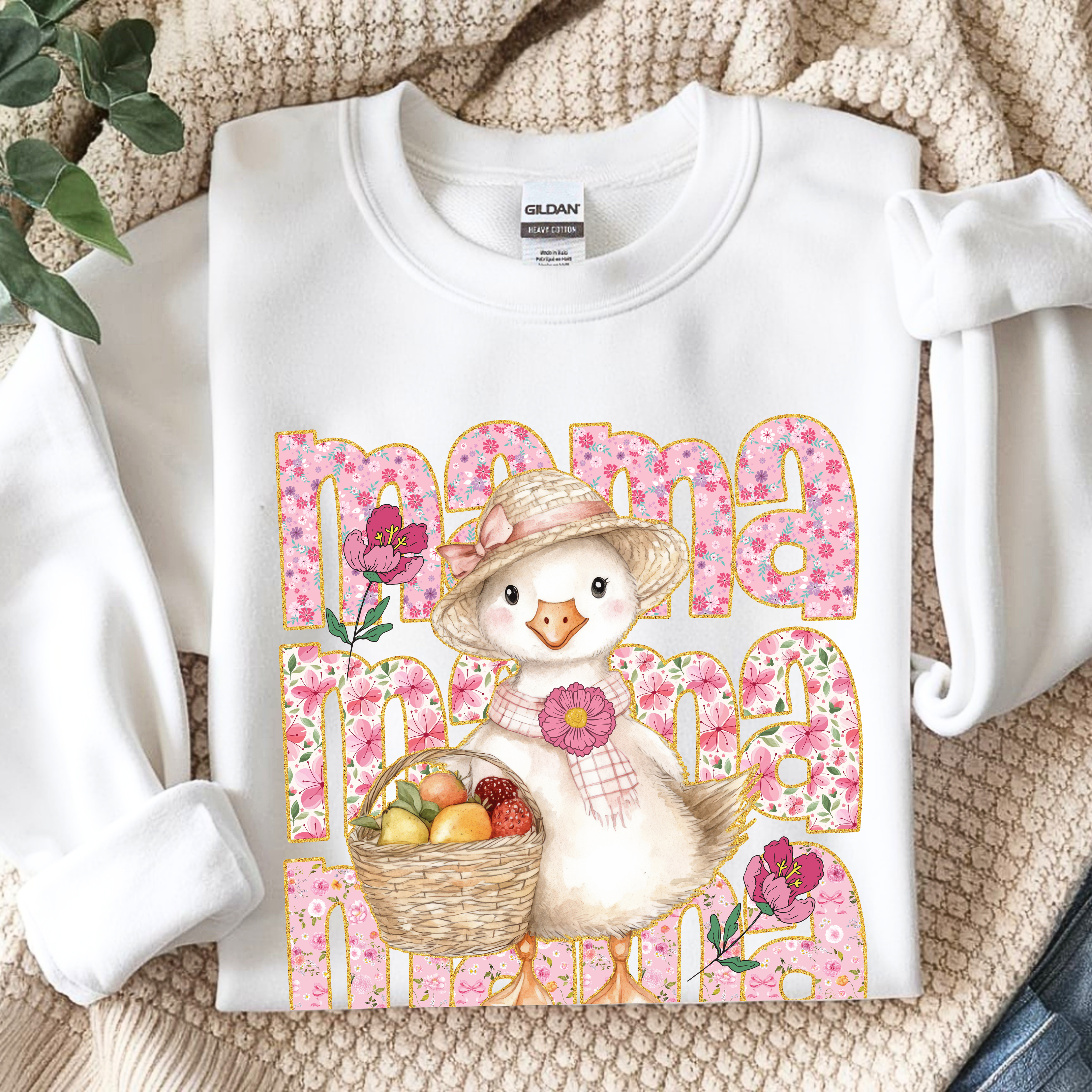 Mama Goose sweatshirt flat lay, cute mom gift, cozy crewneck sweatshirt, Mother’s Day present idea