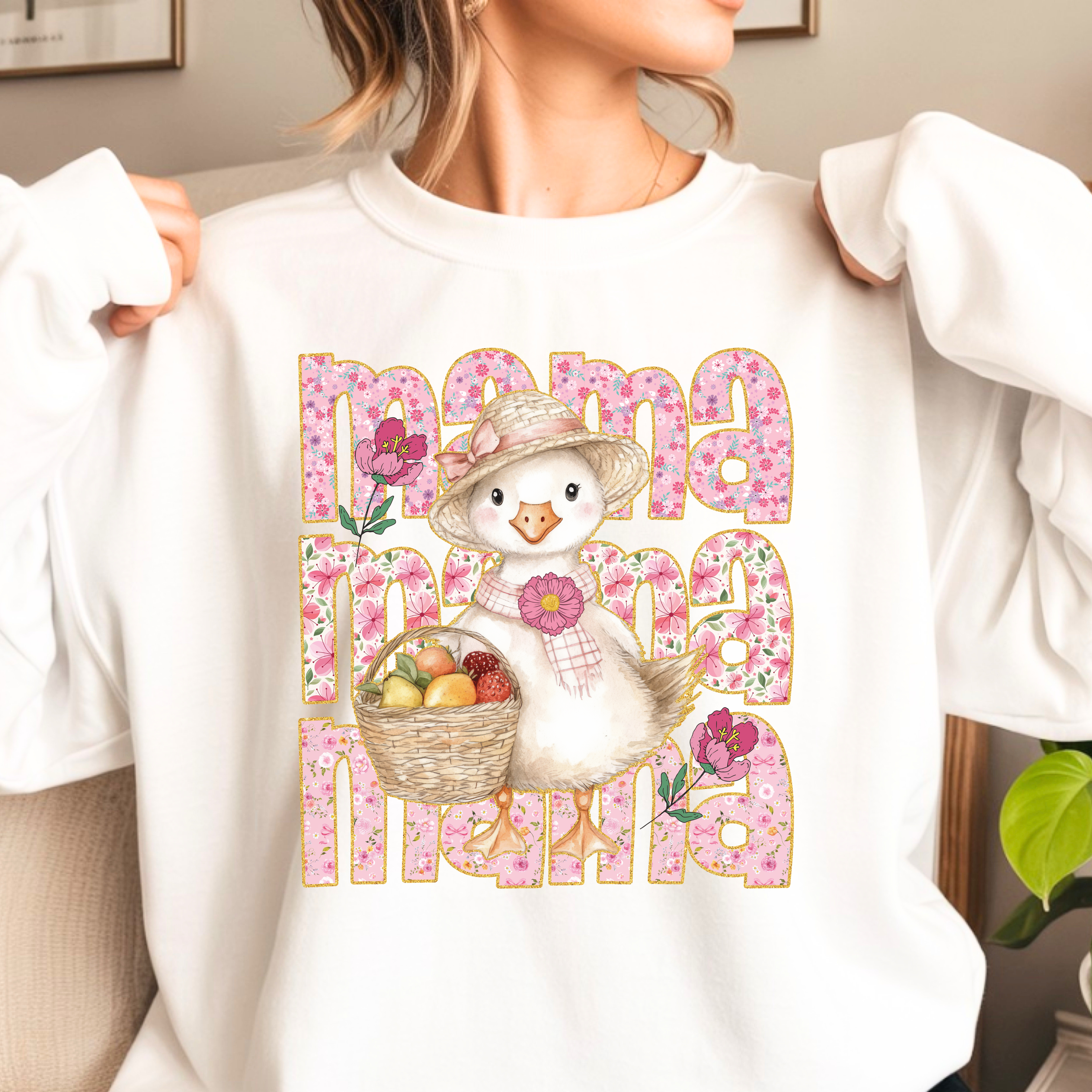 Mama Goose sweatshirt white Gildan 18000, funny mom sweatshirt, cute Mother’s Day gift for mom, cozy mom life crewneck