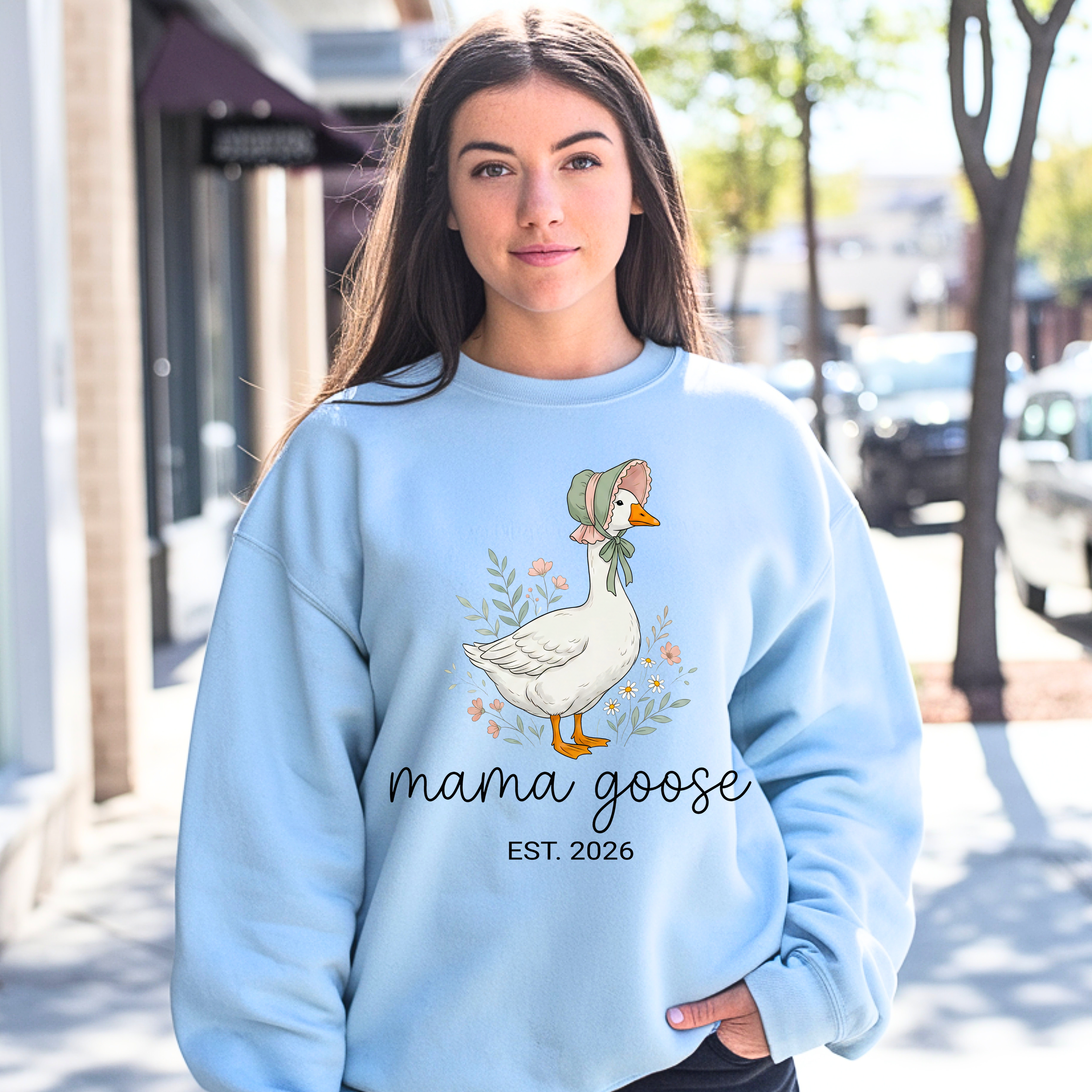 Light blue mama goose sweatshirt cozy casual mom outfit cottagecore aesthetic everyday wear