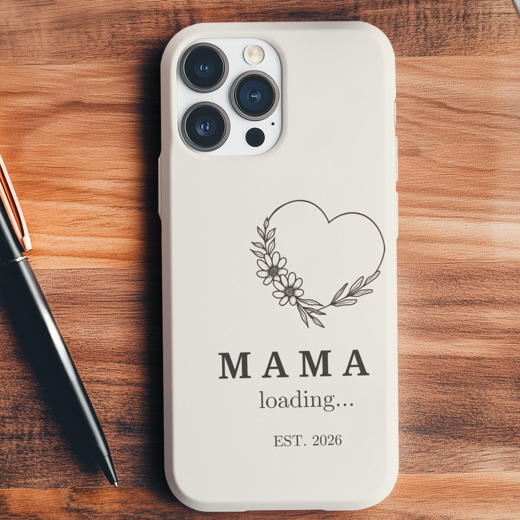 Mama Loading Est 2026 iPhone case with minimalist heart floral design, pregnancy announcement gift for mom to be