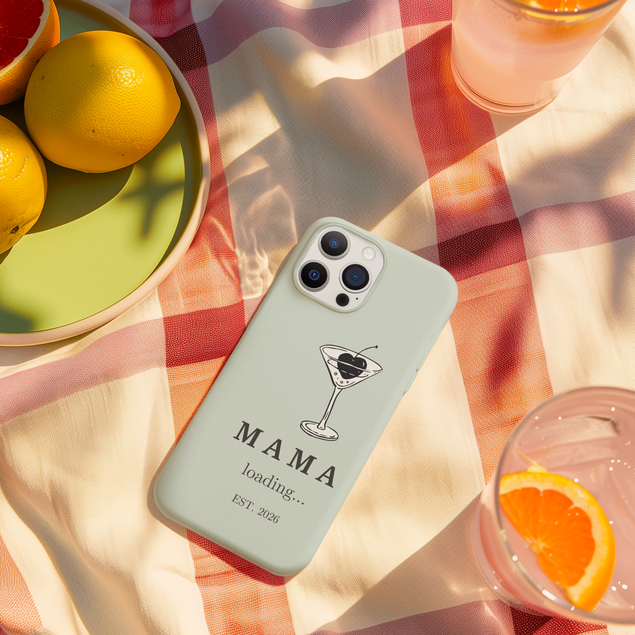 Trendy mama loading 2026 iPhone case flat lay with warm aesthetic background for baby shower gift