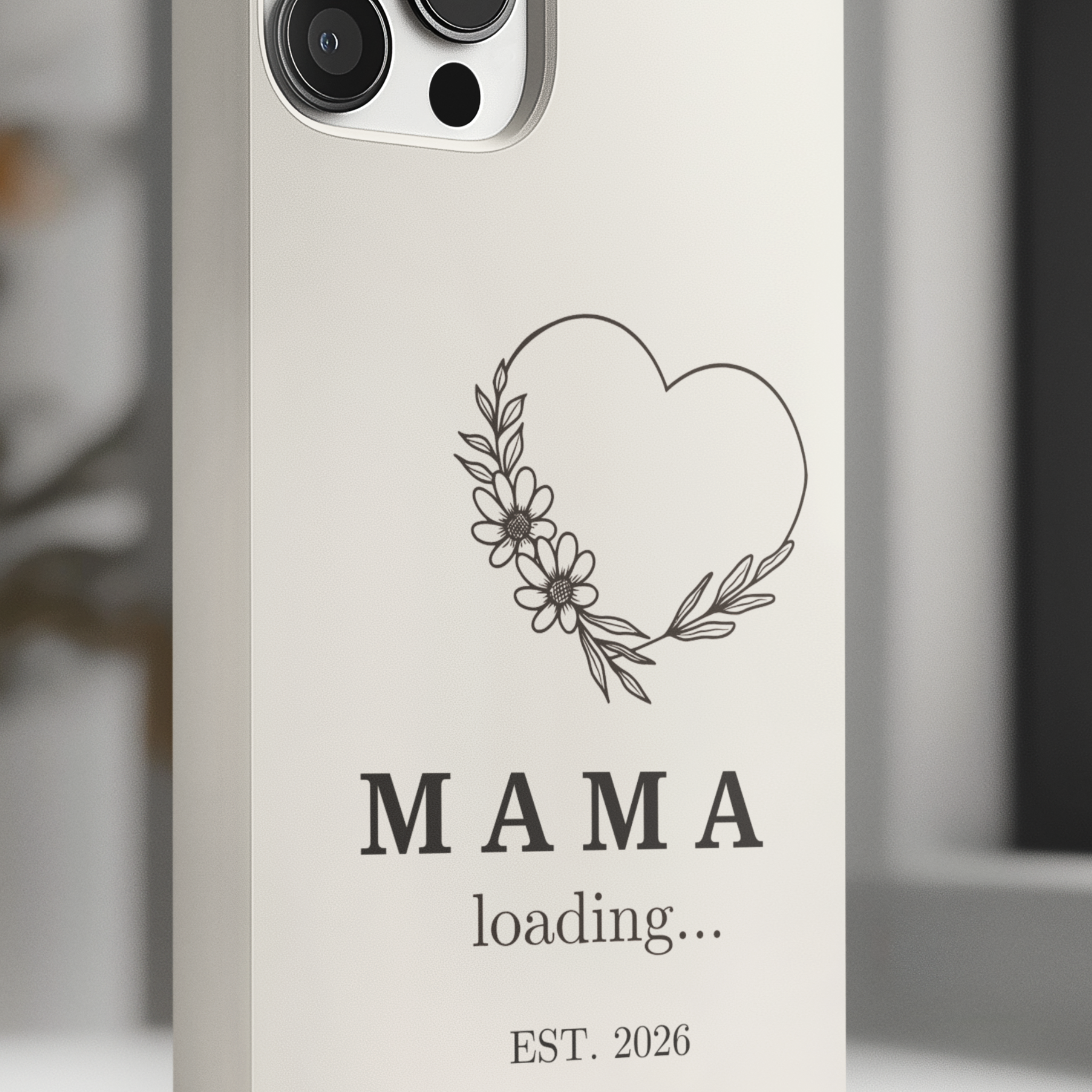 Close up of Mama Loading 2026 phone case, cute pregnancy gift for expecting mom with modern neutral design