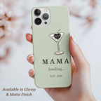 Close up of sage green MAMA loading 2026 phone case for first time mom gift idea